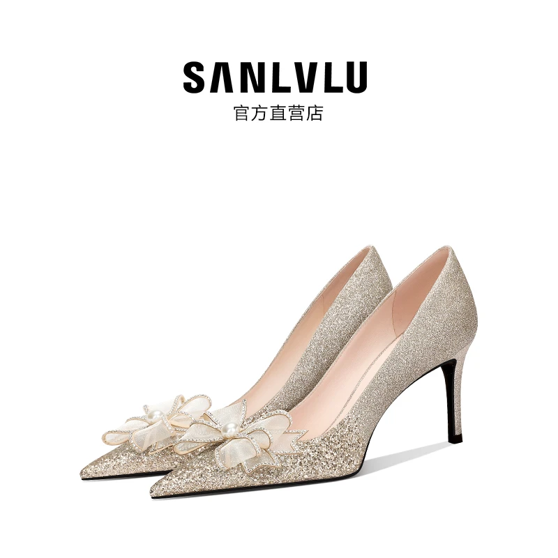 SANLVLU芜湖 2025秋新款仙女鞋蝴蝶结双拼金色水晶高跟鞋订婚鞋女