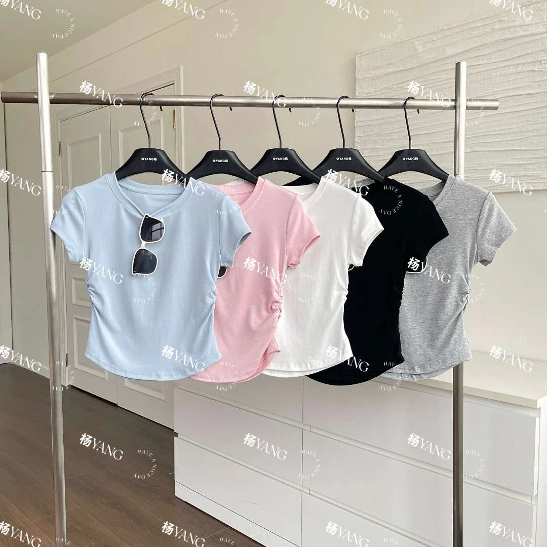 A053出游显瘦女装圆领短袖正肩小飞袖t恤收腰修身上衣辣妹