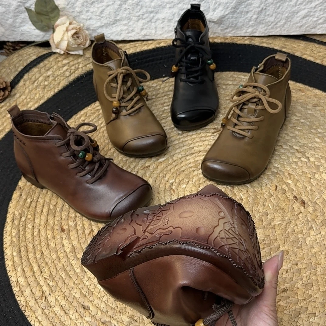 6696复古文艺头层牛皮短靴女款靴子新款秋季平跟软底软皮手工单靴