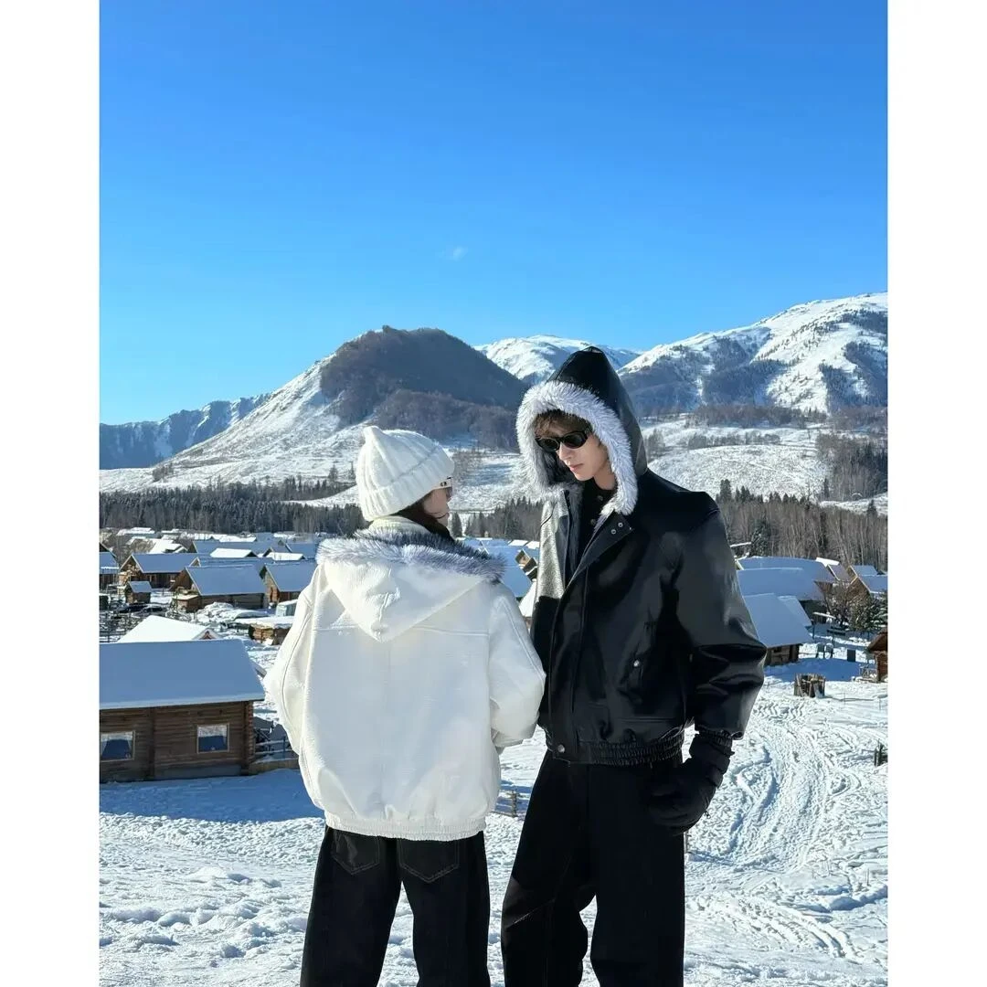 冬装新款PU皮座山雕棉服男女同款宽松加厚保暖高级感加绒棉衣外套