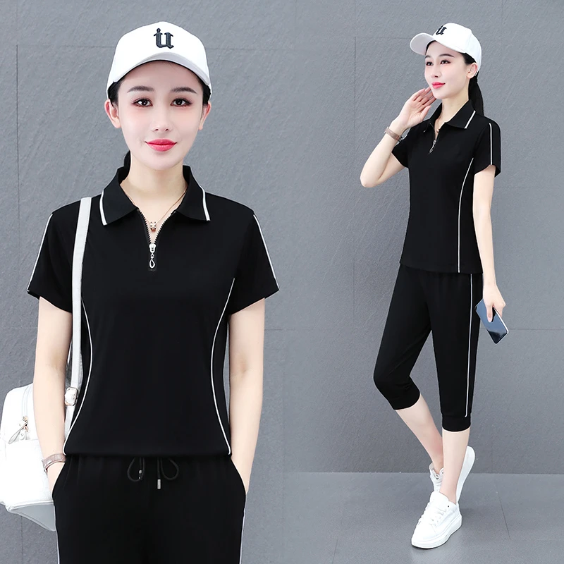 中老年夏装冰丝短袖套装七分裤两件套女士夏季薄款时尚洋气衣服