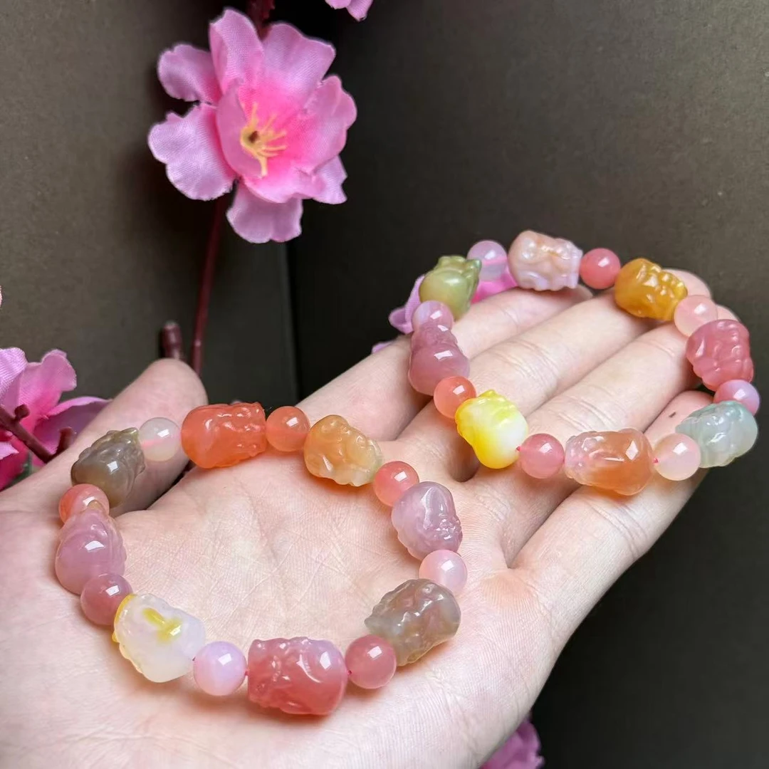 S8154【福嘟嘟】赤金五彩霞光药王石玛瑙貔貅手串-多样性只发一件