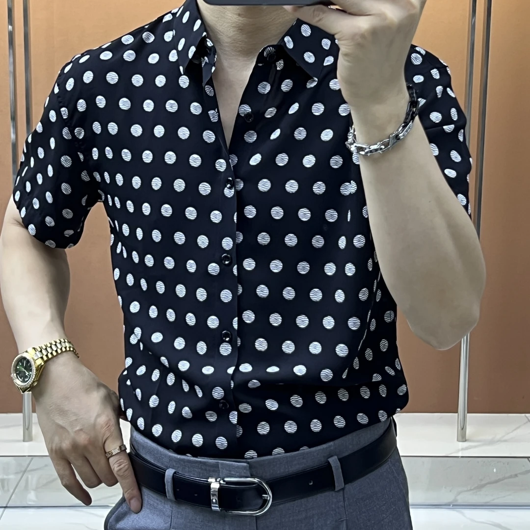 男士夏季潮流爆款百搭波点印花高级翻领时尚短袖衬衫