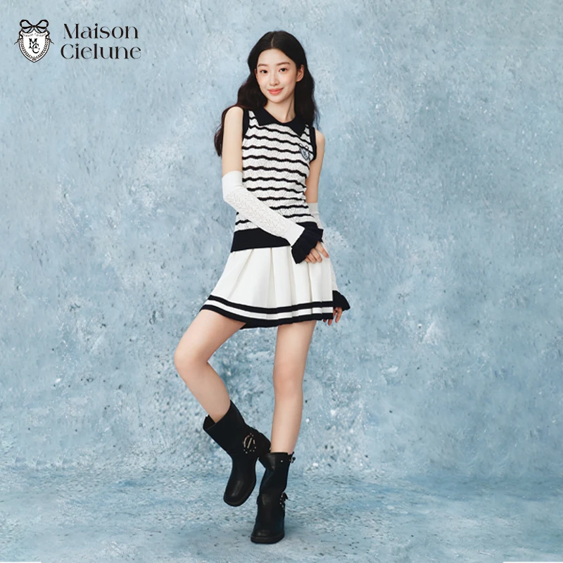 Maison Cielune蓝白条纹针织套装女夏新款学院风翻领两件套松紧腰