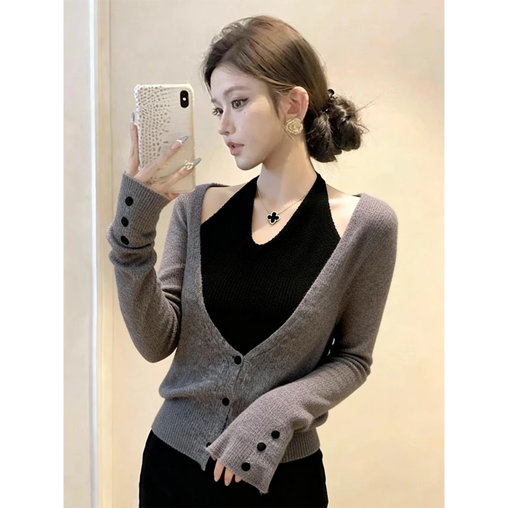 法式设计感假两件挂脖针织衫女冬季新款高级感小众不撞款灰色上衣