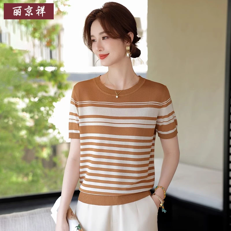 气质妈妈夏装圆领条纹针织短袖上衣时尚中老年人女装夏季冰丝小衫