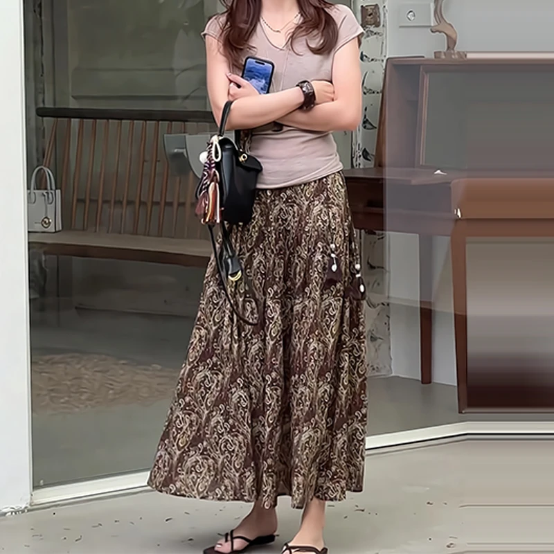 法式复古印花高腰半身裙女春季新款洋气设计感显瘦百搭中长款裙子