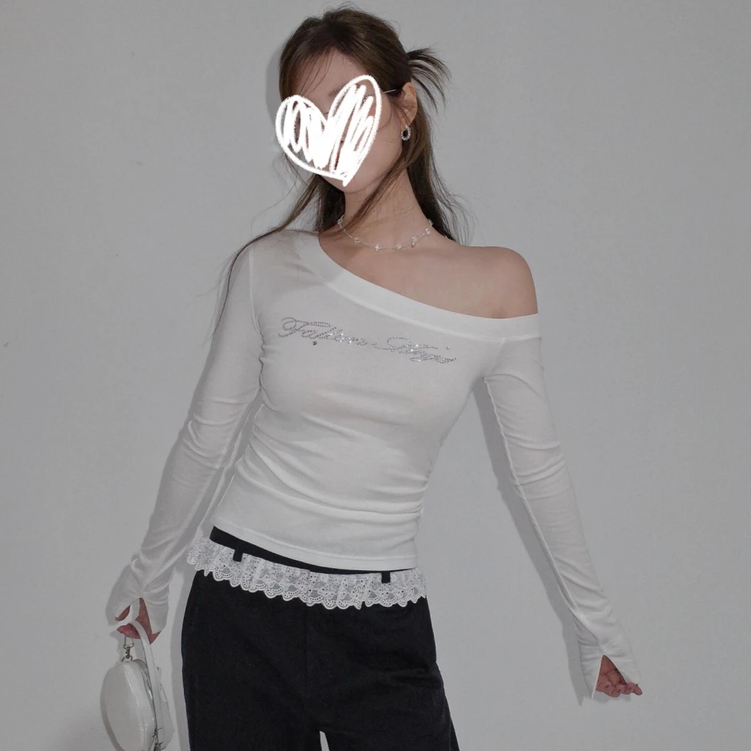 【小懒专属】2025早秋新品修身显瘦休闲百搭时尚女款一字肩长袖T恤