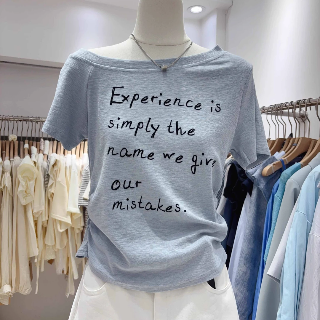 夏季新款美式辣妹收腰斜肩字母印花短袖t恤女日常百搭纯欲上衣潮