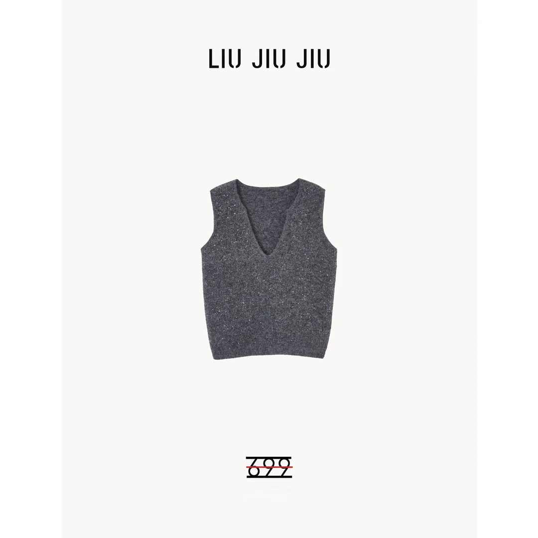 LIUJIUJIU 欧货复古亮片小众设计感V领时尚无袖背心马甲MJ3002L