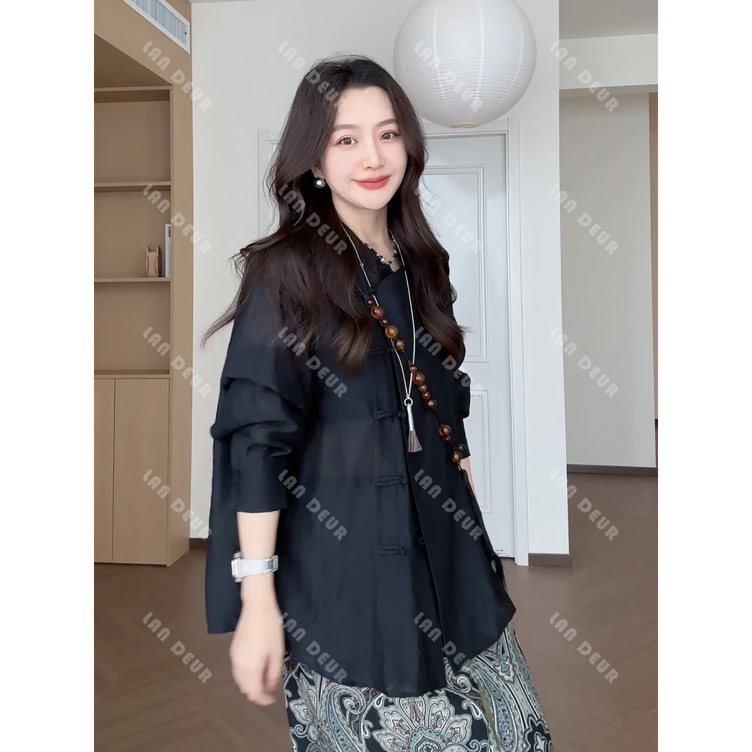 【繁花绮裳】莱赛尔新中式盘扣提花显瘦国风气质宽松中长款衬衫女