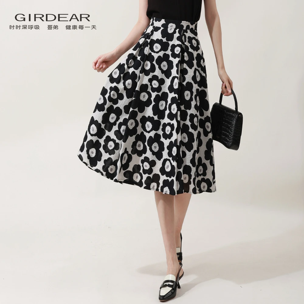 哥弟气质显瘦高腰百搭印花伞裙时尚通勤大气复古半身裙1200319