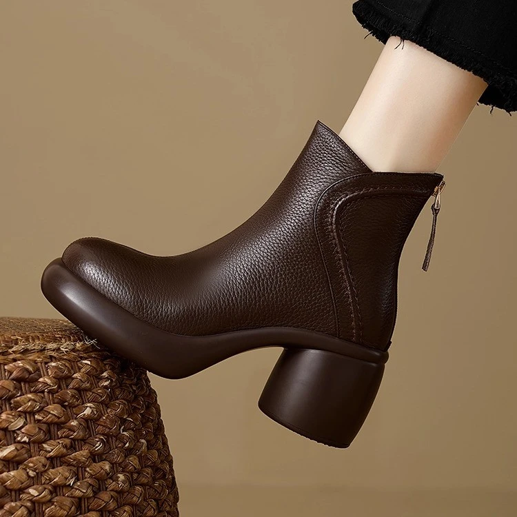法式复古小踝靴秋冬加绒真皮防水台粗跟高跟短靴女厚底软底裸靴