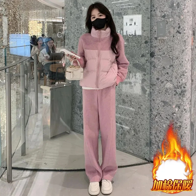 时尚设计感拼接立领棉服套装女2025年冬季新款高腰阔腿裤两件套潮
