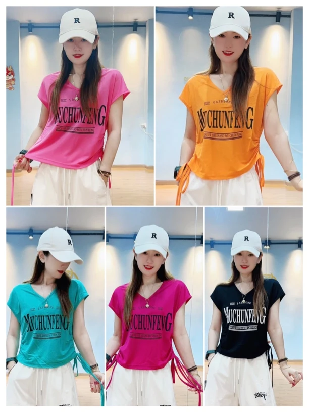 DD新品夏季冰棉抽绳V领宽松T恤3893