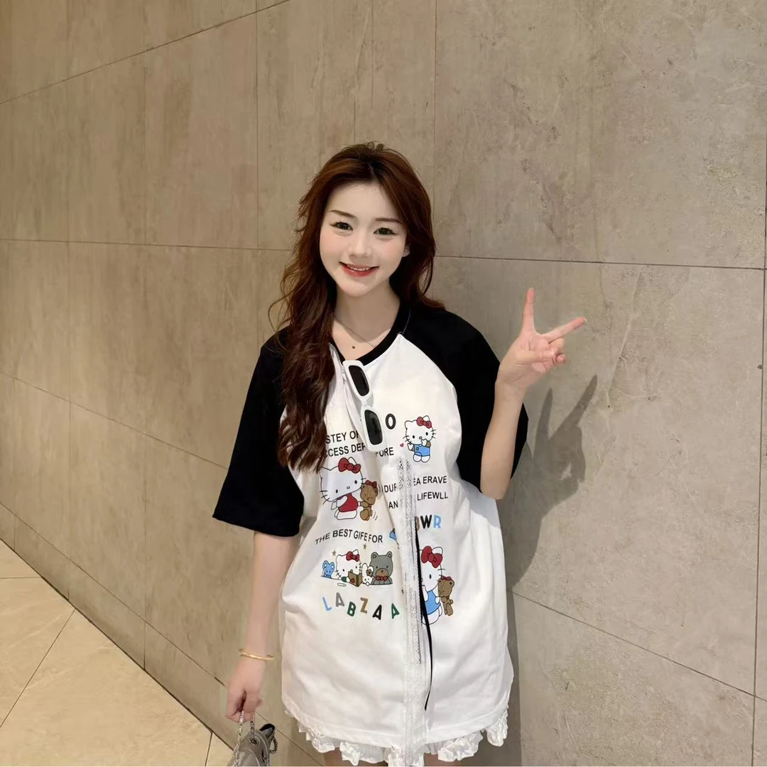 小个子新款百搭创意丝带韩系卡通印花设计感撞色休闲短袖T恤