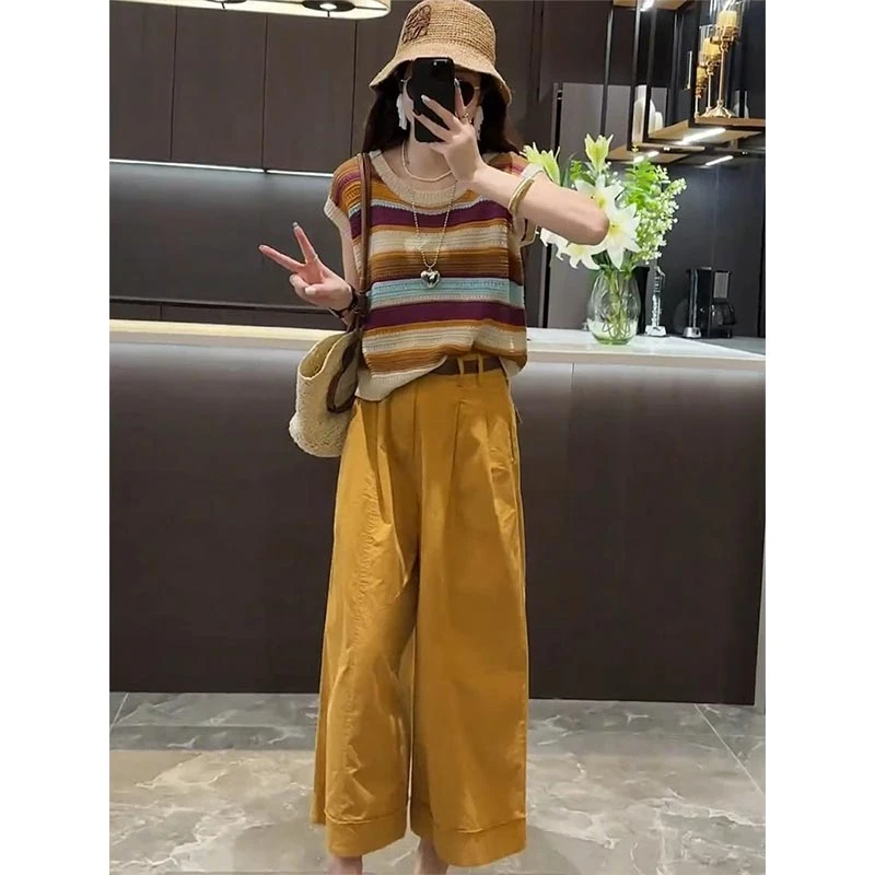 2025年夏装新款条纹针织衫阔腿裤两件套小个子穿搭显高时尚减龄女
