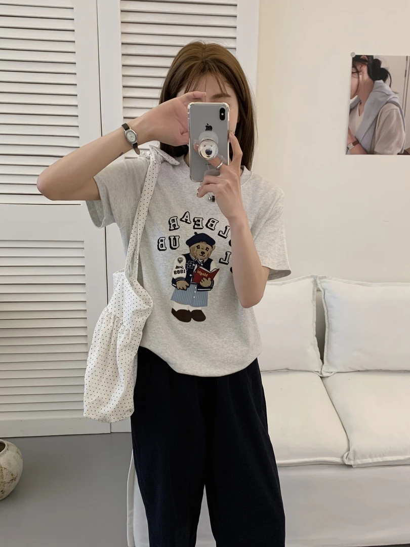 【读书小熊】精致刺绣休闲运动减龄百搭显瘦圆领短袖T桖006