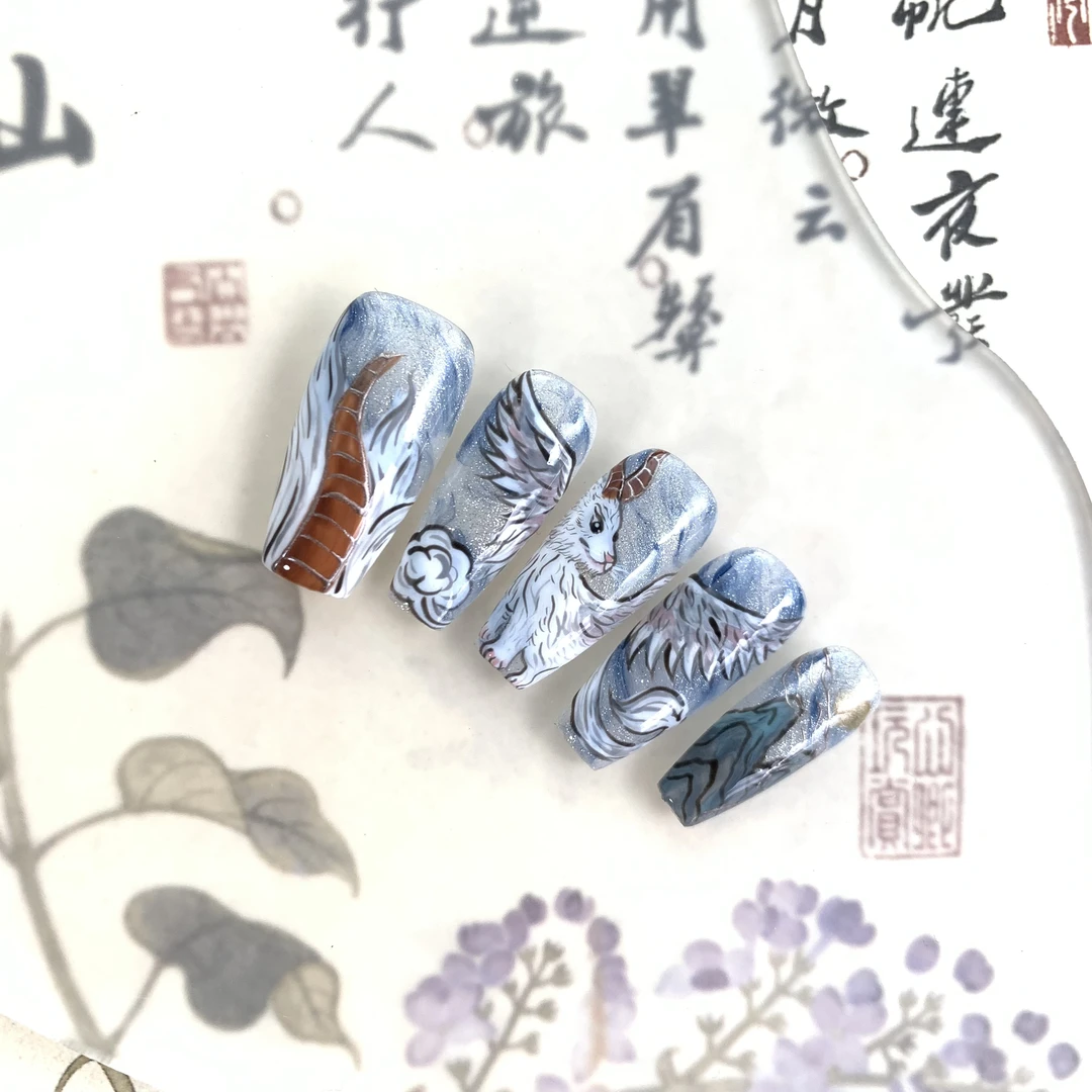 【白虎·山海经】仙气高贵原创手绘国风重工纯手绘超好看新款穿戴甲