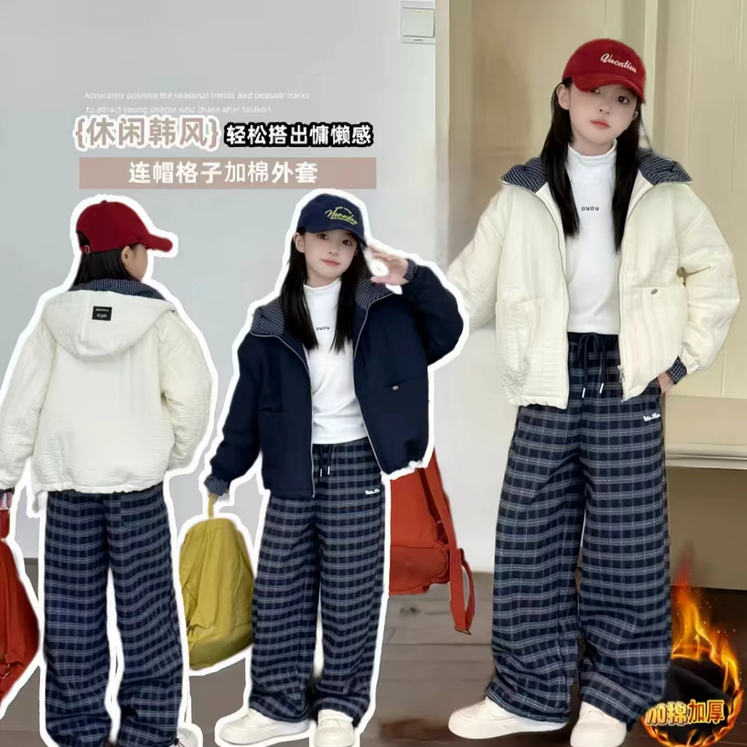 女童春秋外套2025新款休闲宽松百搭设计感格子拼接棉服外套