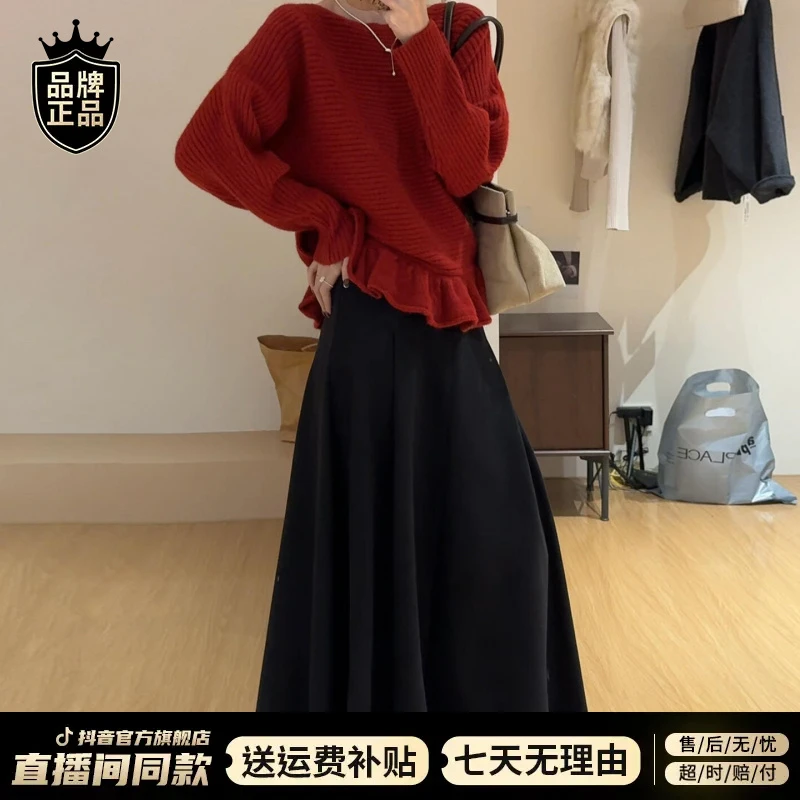 韩系网红款红色针织套装裙子女秋冬季2025新爆款一整套穿搭高级感