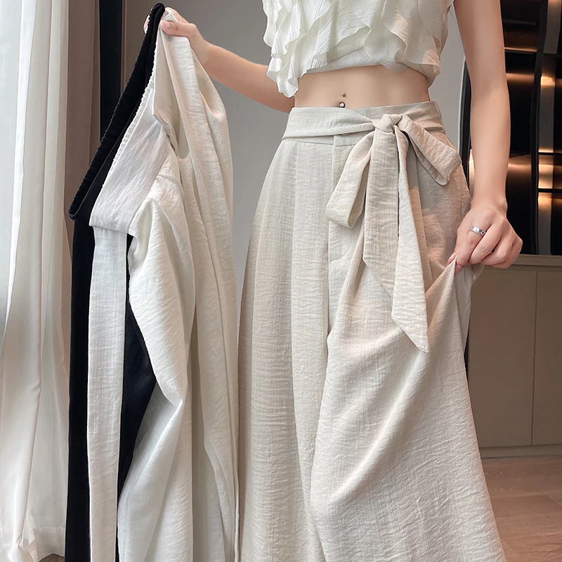 棉麻冰丝绑带西装阔腿裤女小个子夏季高腰显瘦休闲拖地直筒山本裤