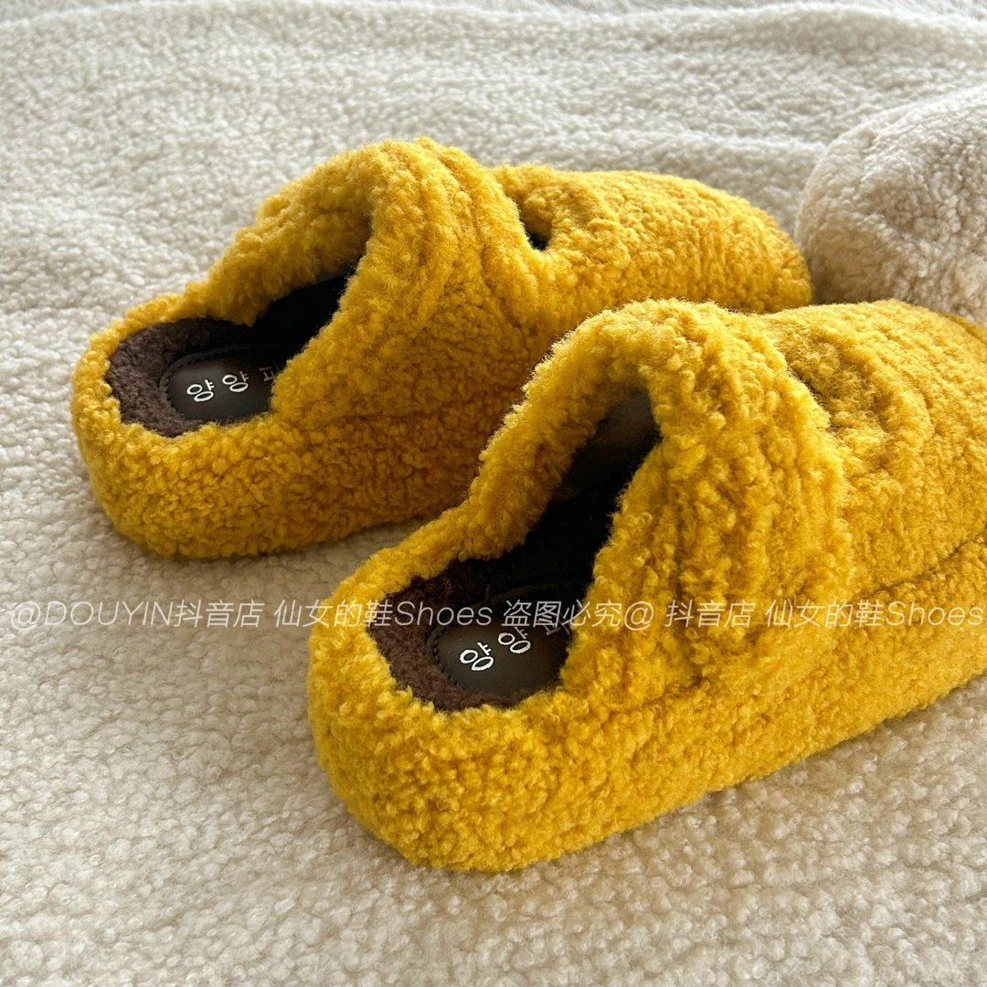 北美浣熊~毛茸茸氛围感多巴胺亮色保暖厚底毛毛鞋女冬季包头拖鞋