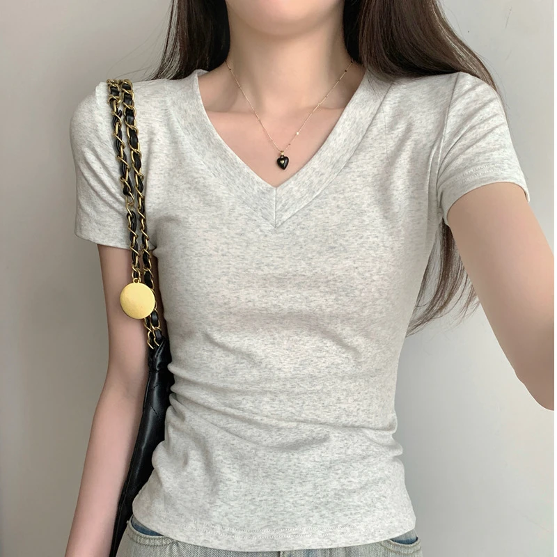 正肩短袖T恤女2025新款夏季基础款修身显瘦美式花灰色V领上衣