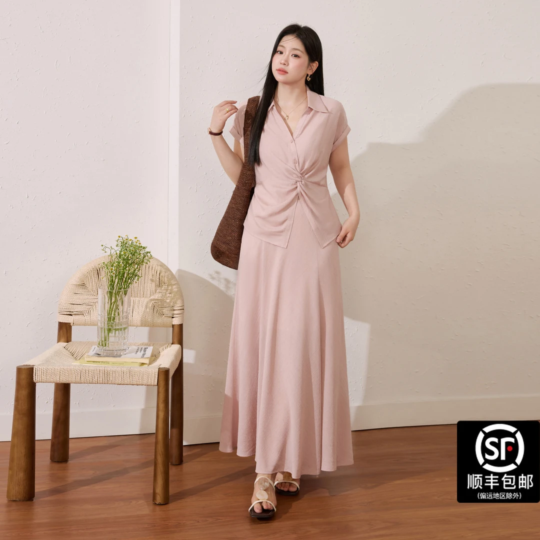 蓝语大码温柔风设计感短袖衬衫高腰半身裙亚麻透气两件套13681