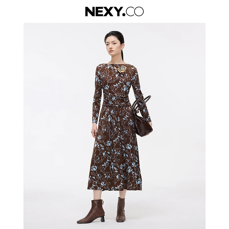 NEXY.CO/奈蔻碎花气质长袖复古法式长款印花显瘦连衣裙XF06204C8
