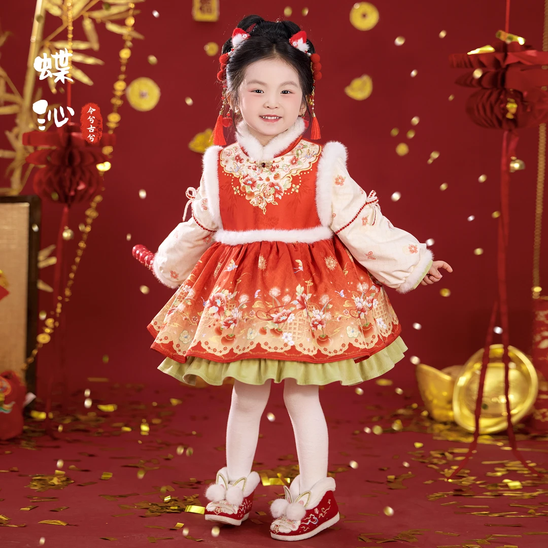 今兮古兮【蝶沁】女童过年衣服儿童喜庆拜年服冬装加绒马年洛丽塔