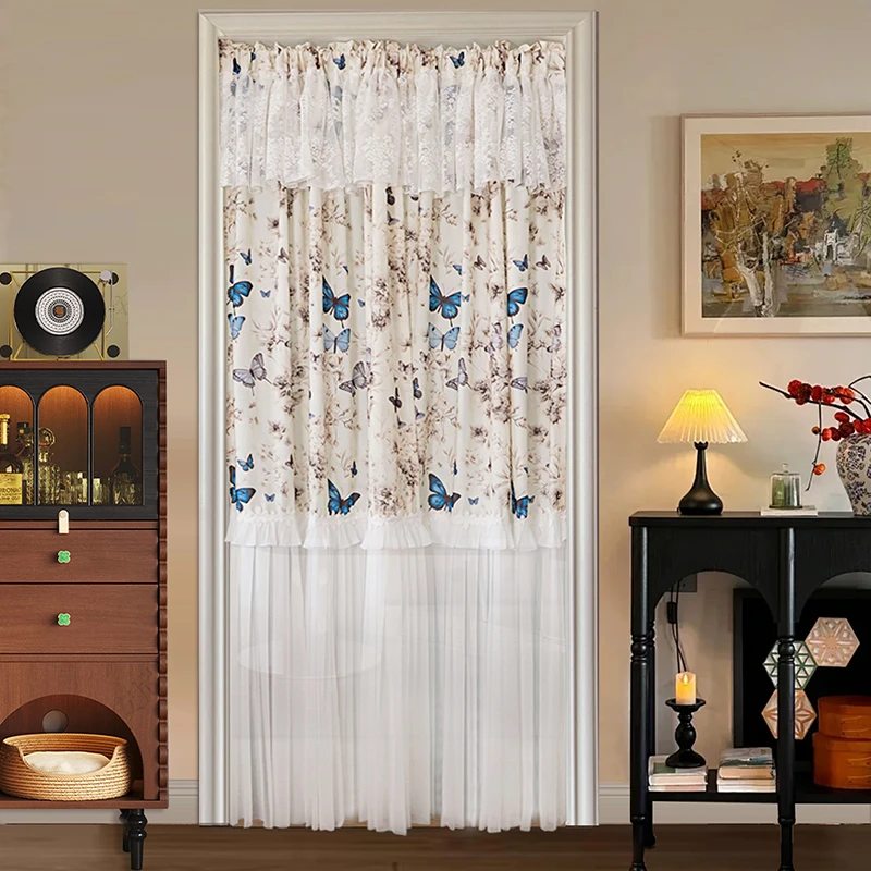 美式复古碎花田园风遮挡门帘法式复古蕾丝窗帘短款半帘免打孔粘贴