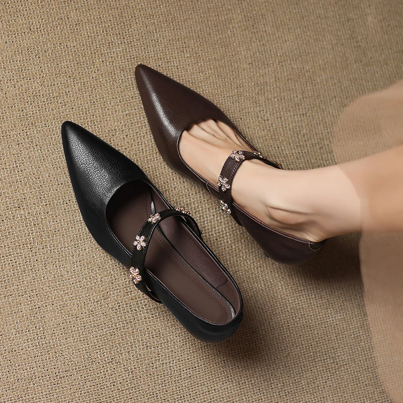 2025春秋新款真皮尖头浅口单鞋女细跟高跟鞋一字带玛丽珍鞋百搭