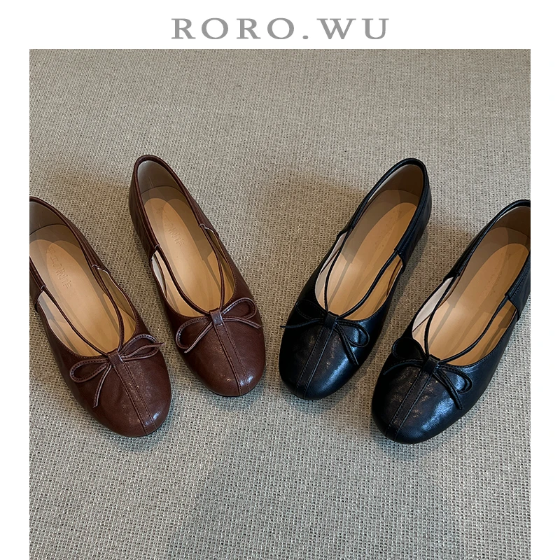 娆娆吴·头层手抓羊皮简约复古低跟舒适日常气质文艺百搭单鞋A24