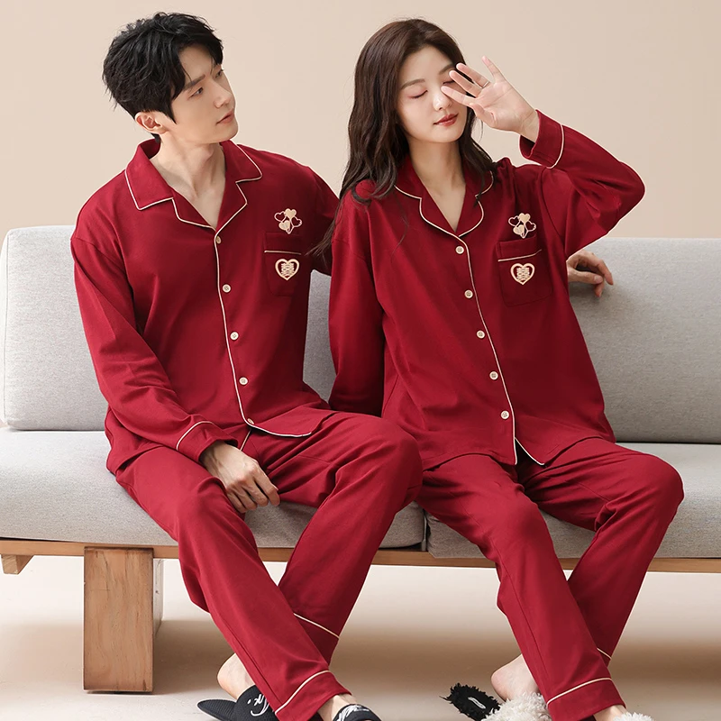 2套价 结婚睡衣新婚情侣套装春秋季100%纯棉长袖喜庆红色家居服冬