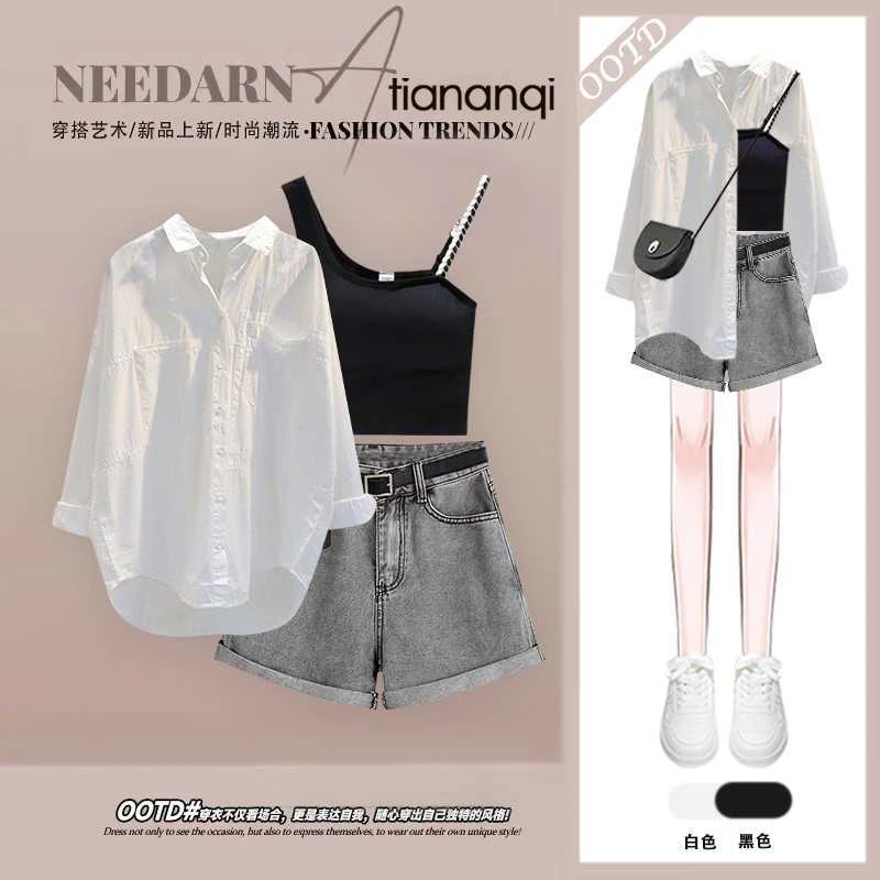 夏季穿搭一整套女新款减龄衬衫上衣吊带背心配百搭牛仔短裤三件套