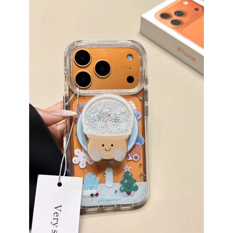 鎏金雪花小熊水晶球磁吸支架适用苹果17promax手机壳15iphone16