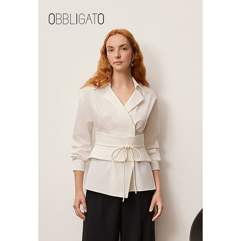 OBBLIGATO奥丽嘉朵2025秋季西装领抽绳宽腰封衬衫1C35330010