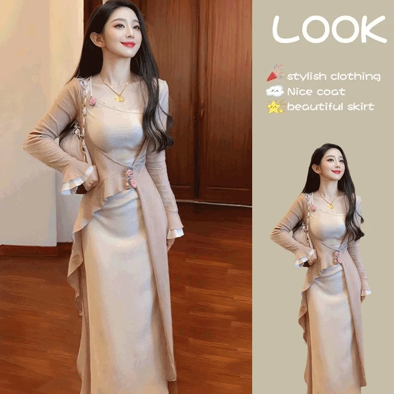 新中式气质荷叶边假两件连衣裙女装秋季新款时尚国风复古收腰裙子