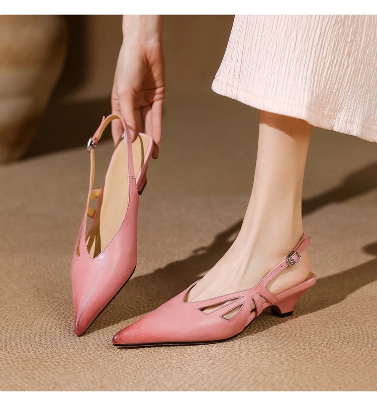 【蔻牌女鞋】中跟凉鞋春季上新时尚镂空尖头凉鞋经典复古包头凉鞋