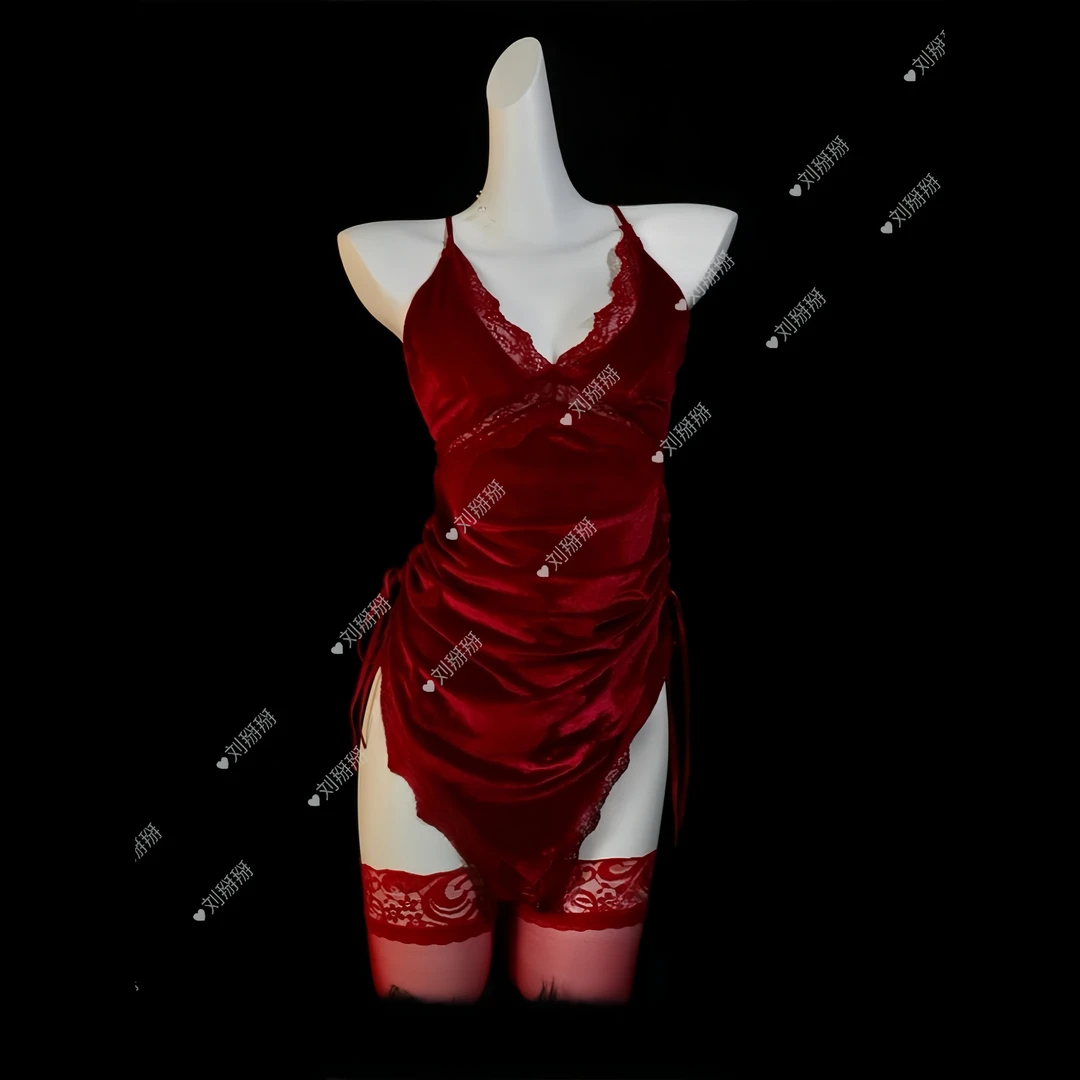 枕小眠【瑰丽多姿】复古法式性感蕾丝新款纯欲丝绒露背吊带半身裙