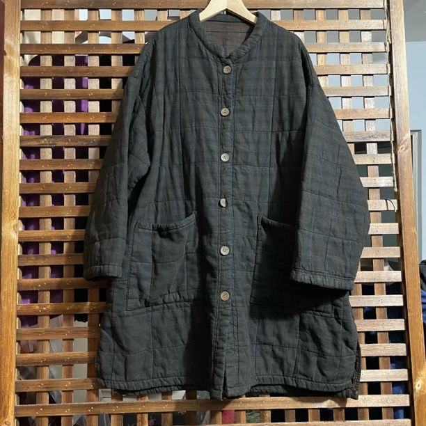 冬季复古炒色做旧宽松亚麻中长款棉衣棉服外套新款