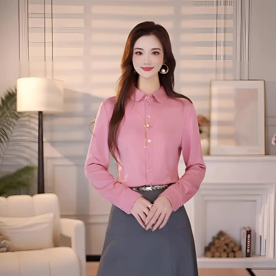 AMASS/阿玛施新款秋冬磨毛百搭粉色衬衫5300528-秋冬内搭粉色长袖