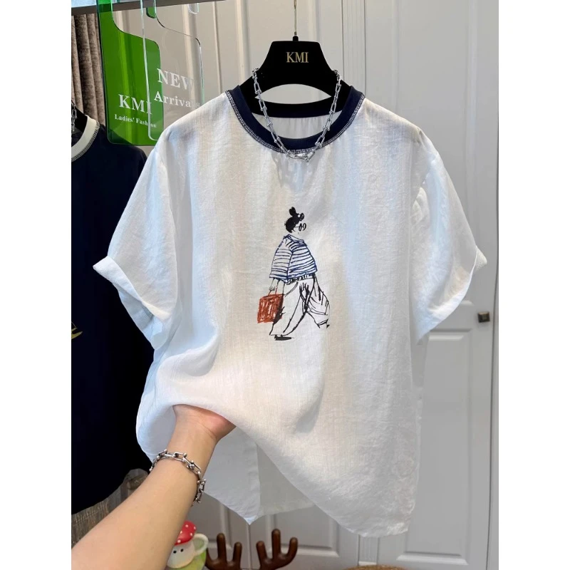 大码女装超好看撞色圆领纯棉短袖T恤夏新款薄款宽松大版洋气上衣