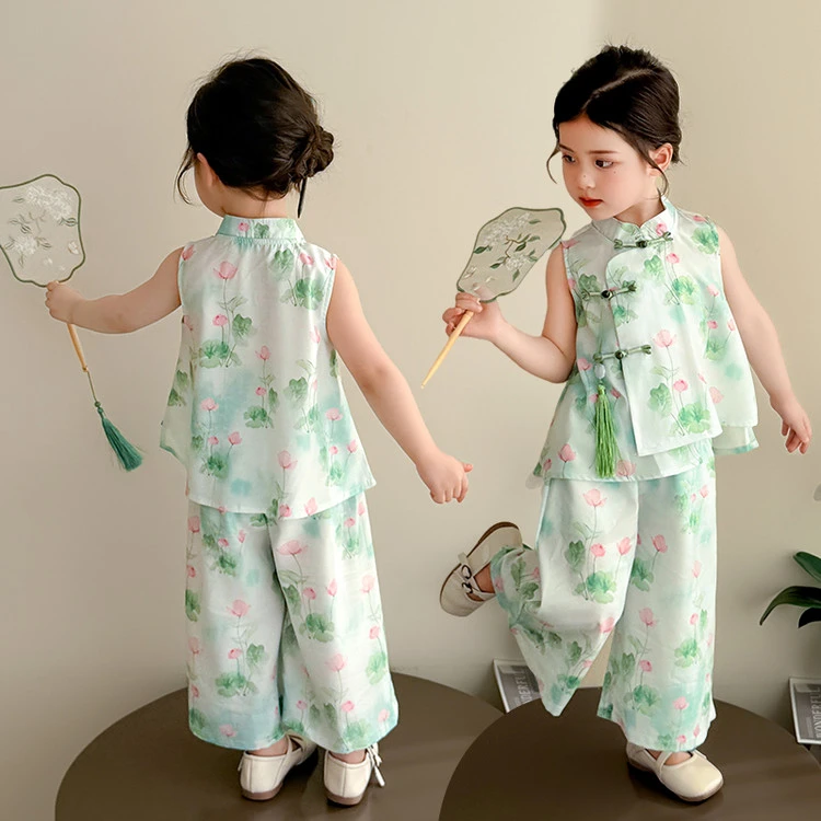 林哇女童新款夏薄款儿童古装新中式国风套装
