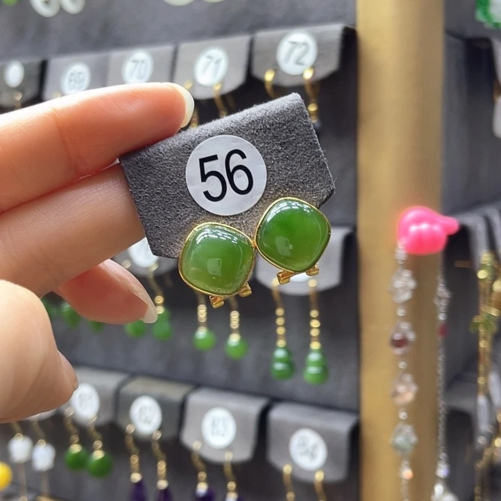 和田玉银S925镀金镶嵌耳饰