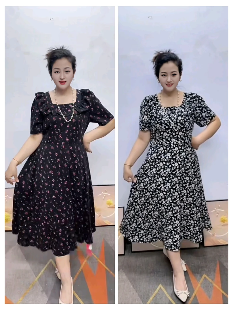夏季法式碎花前后两穿方领泡泡袖气质显瘦中长连衣裙
