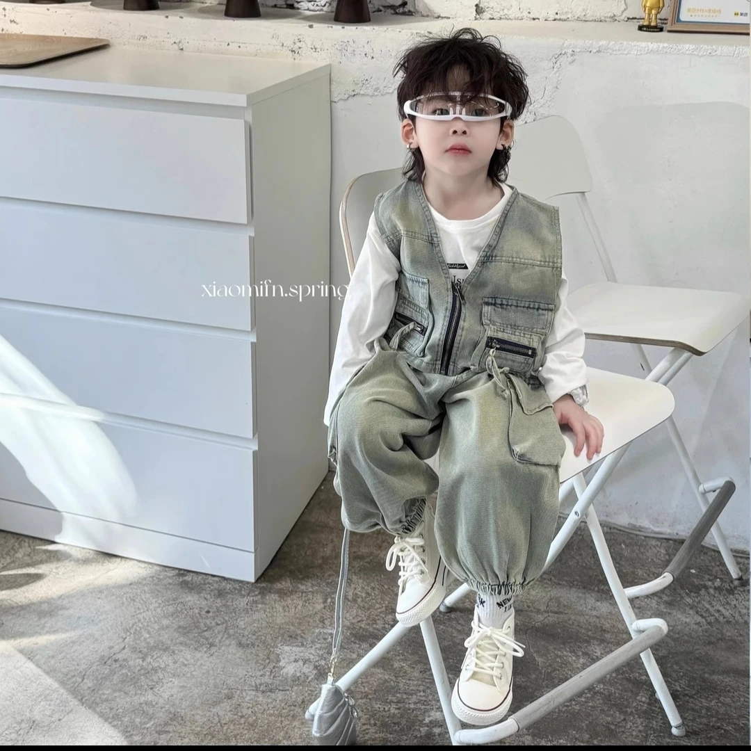 男童春秋春装新款复古牛仔工装马甲两件套套装儿童宝宝潮流套装