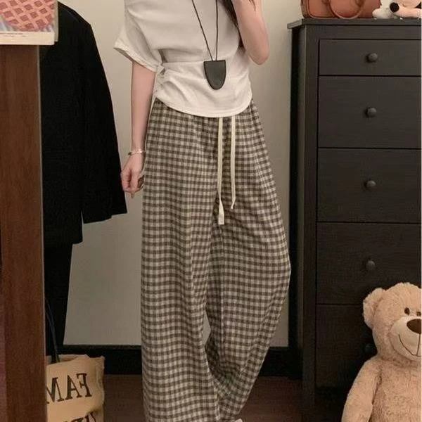 ins风女士休闲裤微弹力宽松家居睡裤秋冬高腰格子裤外穿长裤