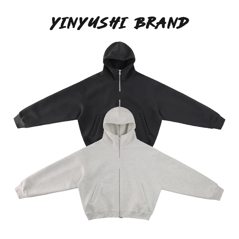 剪裁半拉链连帽卫衣春季美式休闲设计感纯色基础百搭宽松短外套